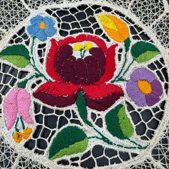Kalocsa Hungarian Hand Embroidered Doily With Kalocsai Floral Lace Design - Picture 7 of 7